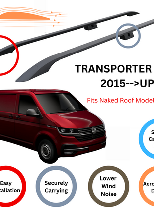 Volkswagen Transporter T6 2015-2024 Kısa Şase Araç Üstü Alüminyum Tavan Yan Rayları Plus Serisi - Siyah