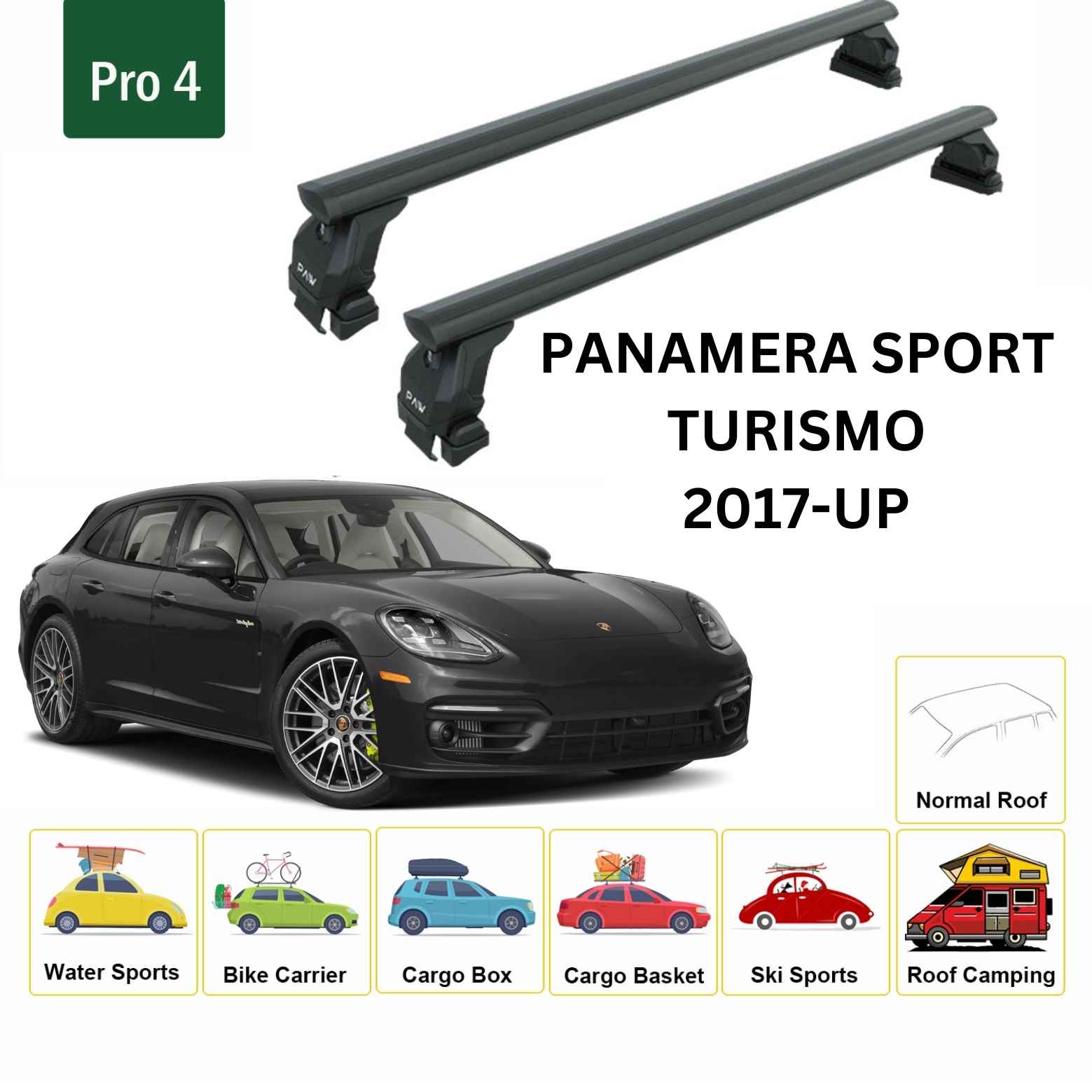 Porsche Panamera Sport Turismo 2017-2025 Oluksuz Üst Tavan Portbagaj Taşıyıcı Ara Atkısı Toros Serisi Pro 4 Siyah