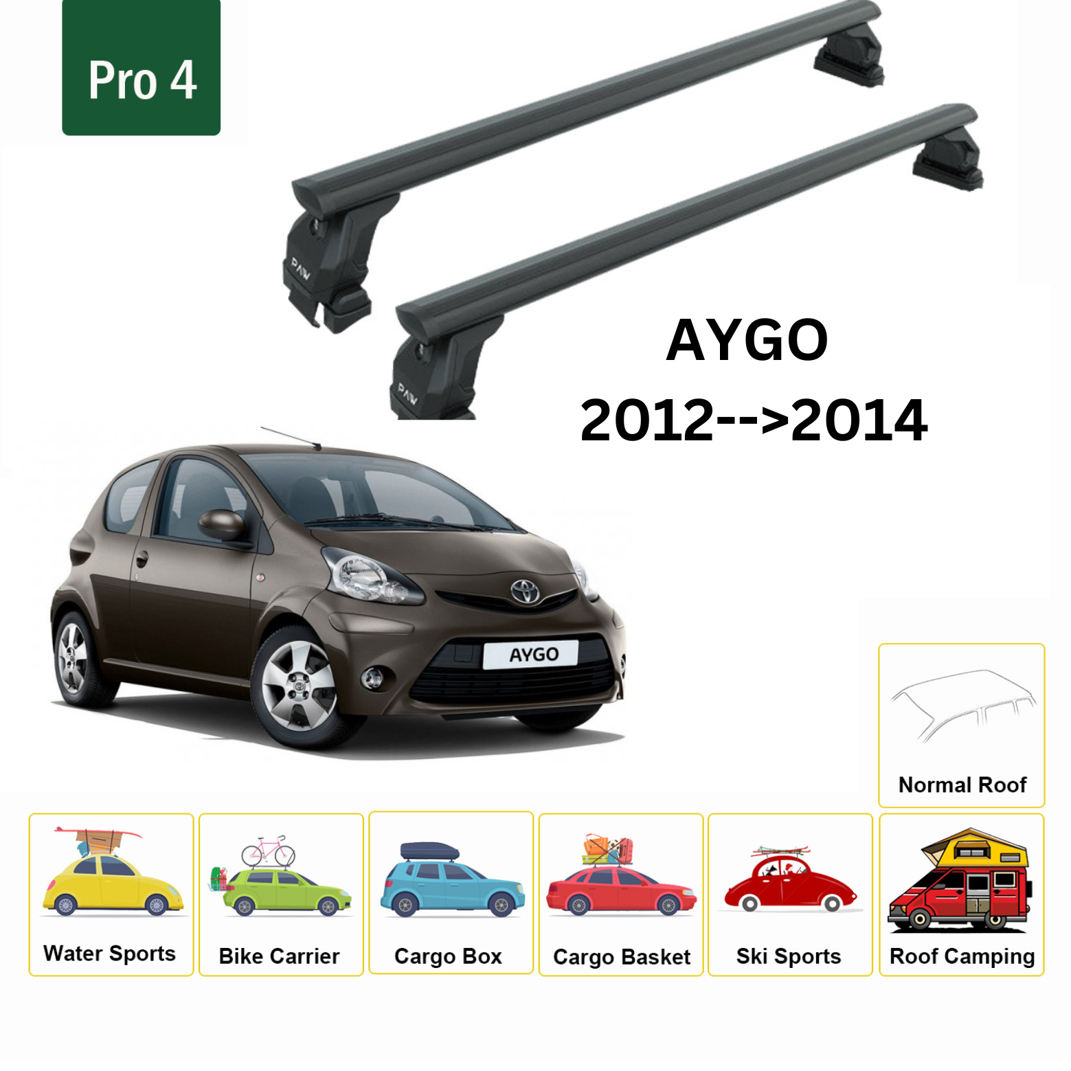 Toyota Aygo 2012-2014 Oluksuz Üst Tavan Portbagaj Taşıyıcı Ara Atkısı Toros Serisi Pro 4 Siyah