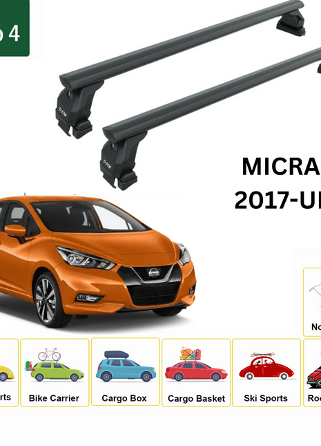 Nissan Micra K14 2017-2025 Oluksuz Üst Tavan Portbagaj Taşıyıcı Ara Atkısı Toros Serisi Pro 4 Siyah