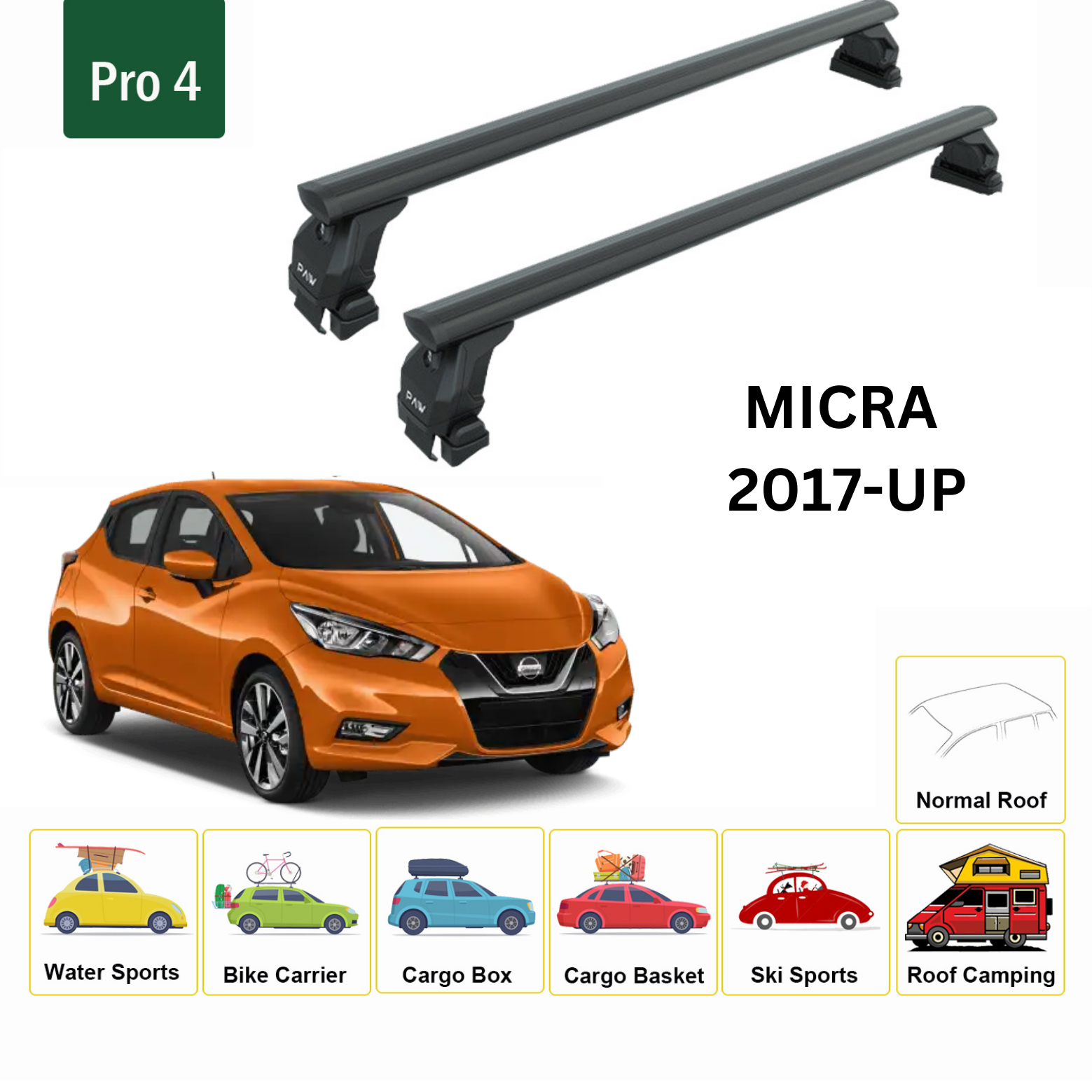 Nissan Micra K14 2017-2025 Oluksuz Üst Tavan Portbagaj Taşıyıcı Ara Atkısı Toros Serisi Pro 4 Siyah