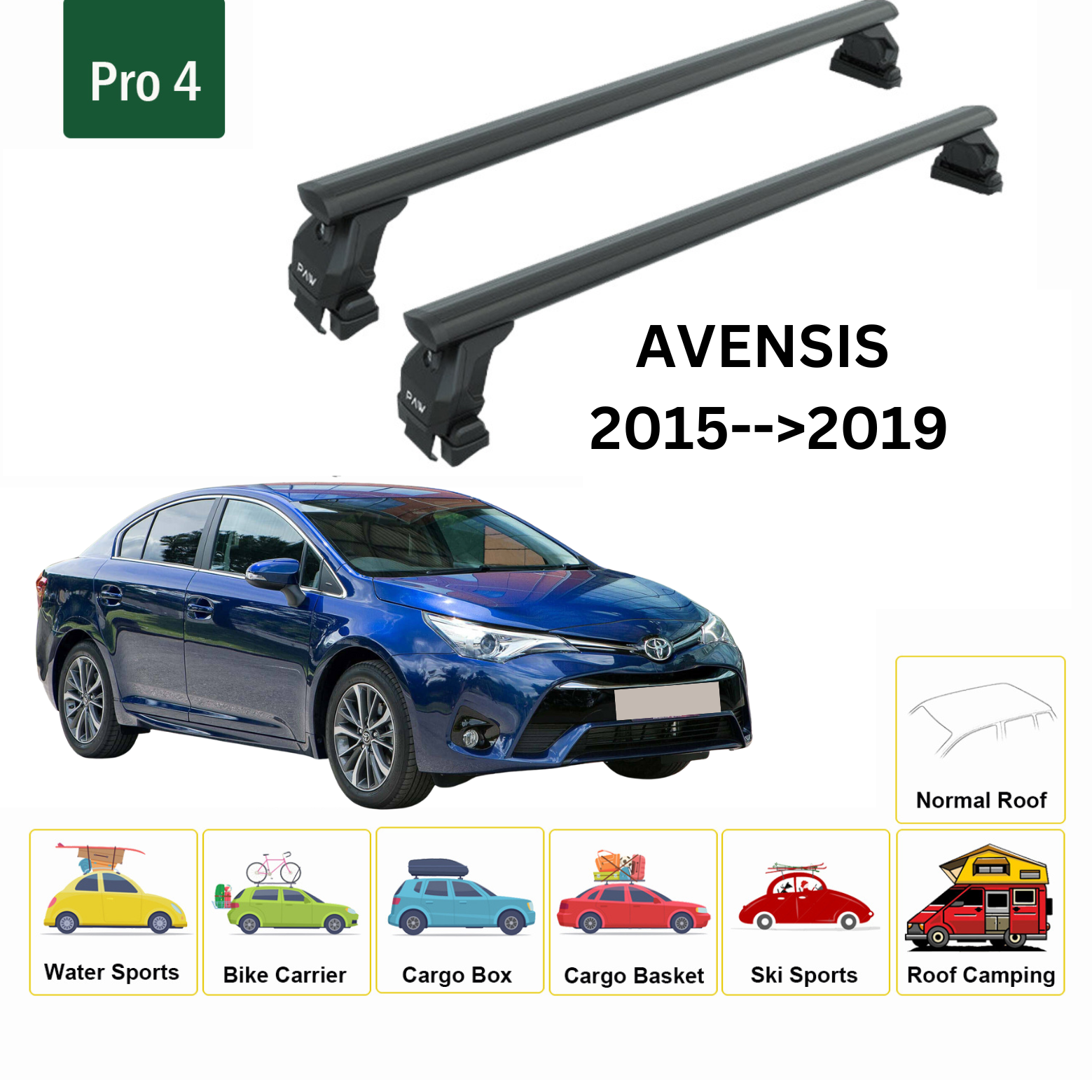 Toros Toyota Avensis (2015-2019) Oluksuz Tavan Ara Atkı Portbagaj Taşıyıcı Pro 4 Siyah