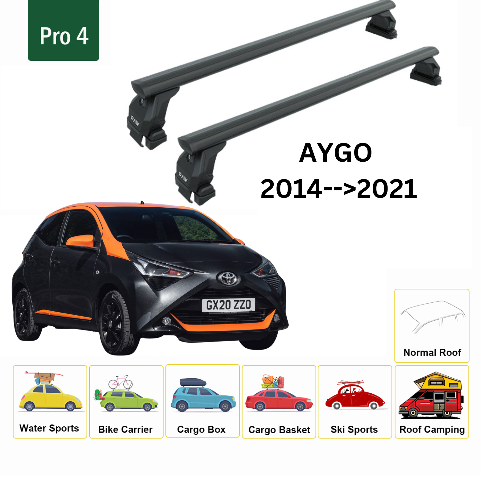 Toyota Aygo 2014-2021 Oluksuz Üst Tavan Portbagaj Taşıyıcı Ara Atkısı Toros Serisi Pro 4 Siyah