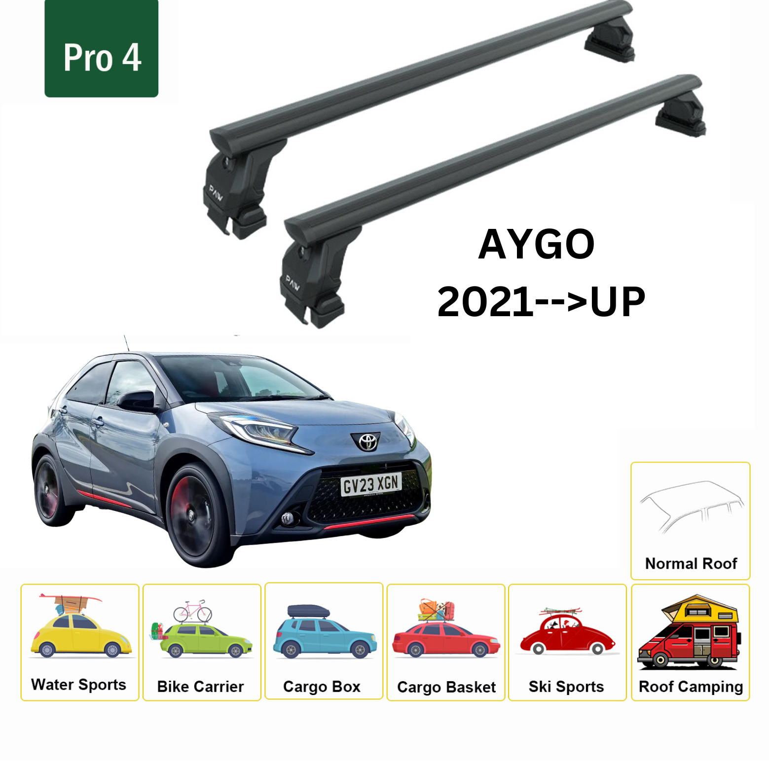 Toyota Aygo 2021-2025 Oluksuz Üst Tavan Portbagaj Taşıyıcı Ara Atkısı Toros Serisi Pro 4 Siyah