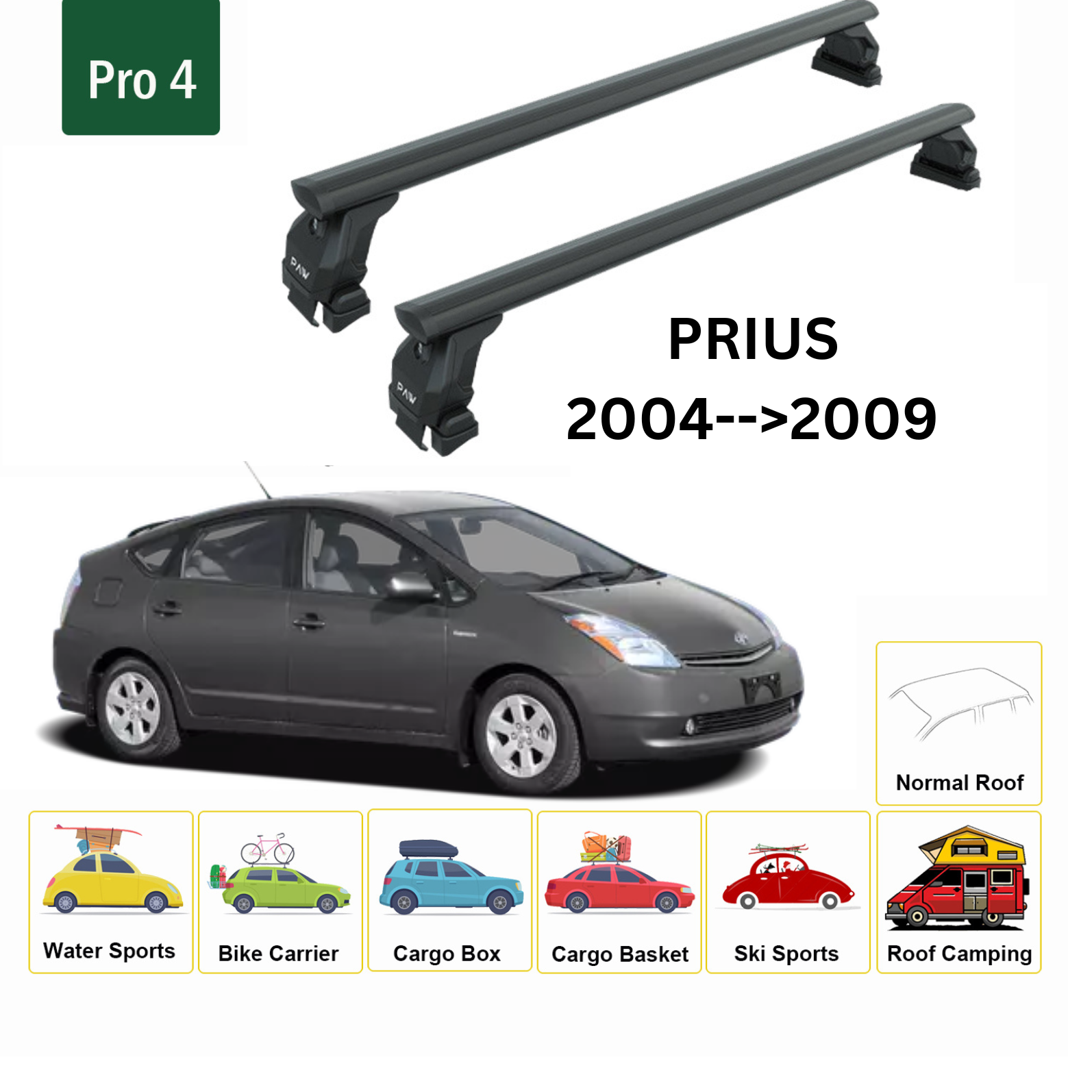 Toyota Prius 2004-2009 Oluksuz Üst Tavan Portbagaj Taşıyıcı Ara Atkısı Toros Serisi Pro 4 Siyah