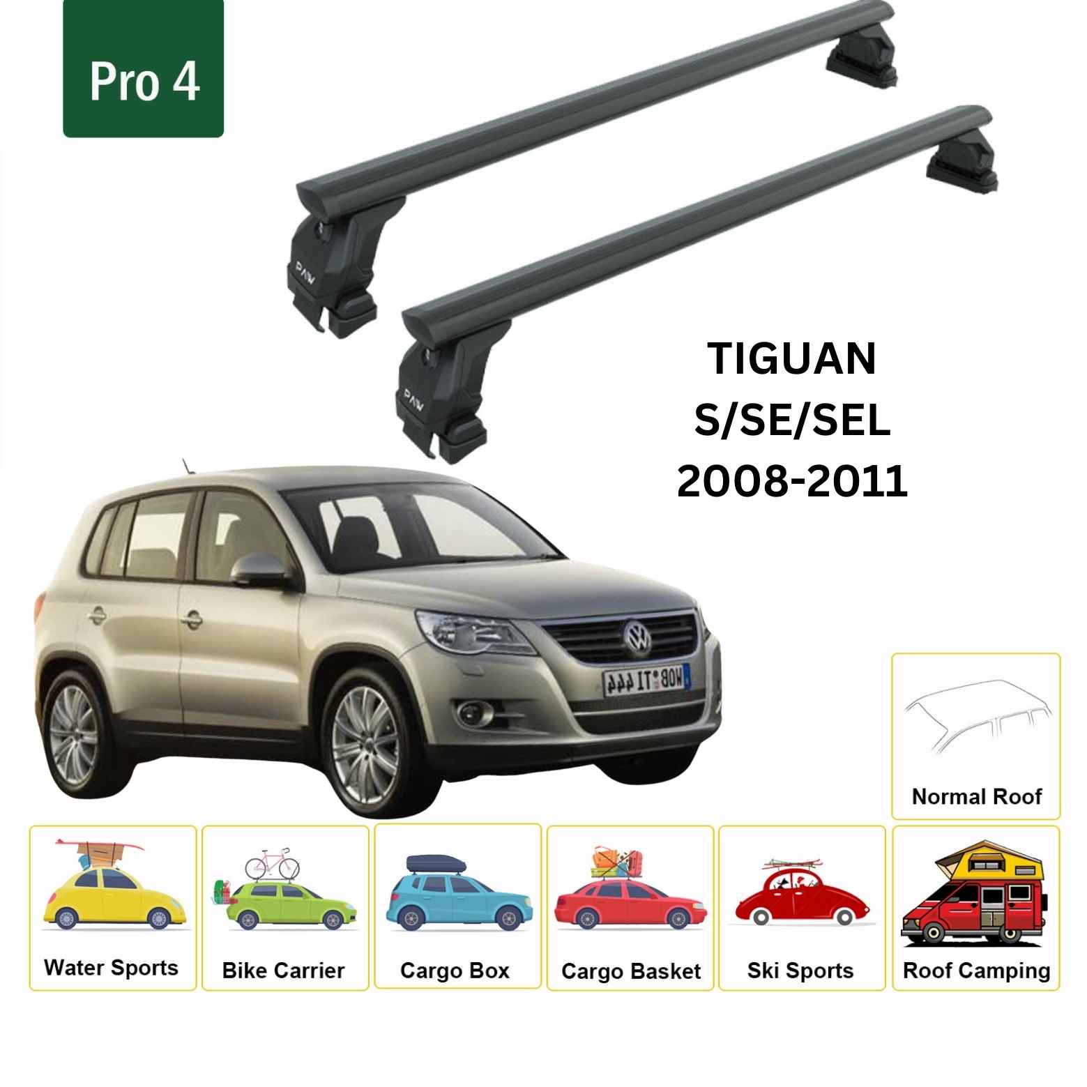 Volkswagen Tiguan 2008-2011 Oluksuz Üst Tavan Portbagaj Taşıyıcı Ara Atkısı Toros Serisi Pro 4 Siyah