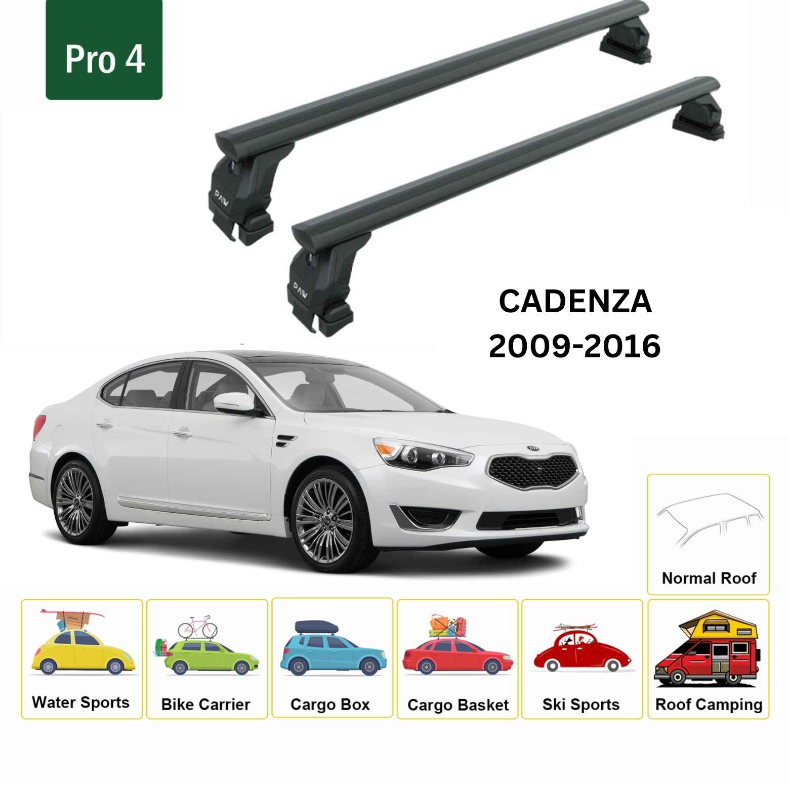 Kia Cadenza 2009-2016 Oluksuz Üst Tavan Portbagaj Taşıyıcı Ara Atkısı Toros Serisi Pro 4 Siyah