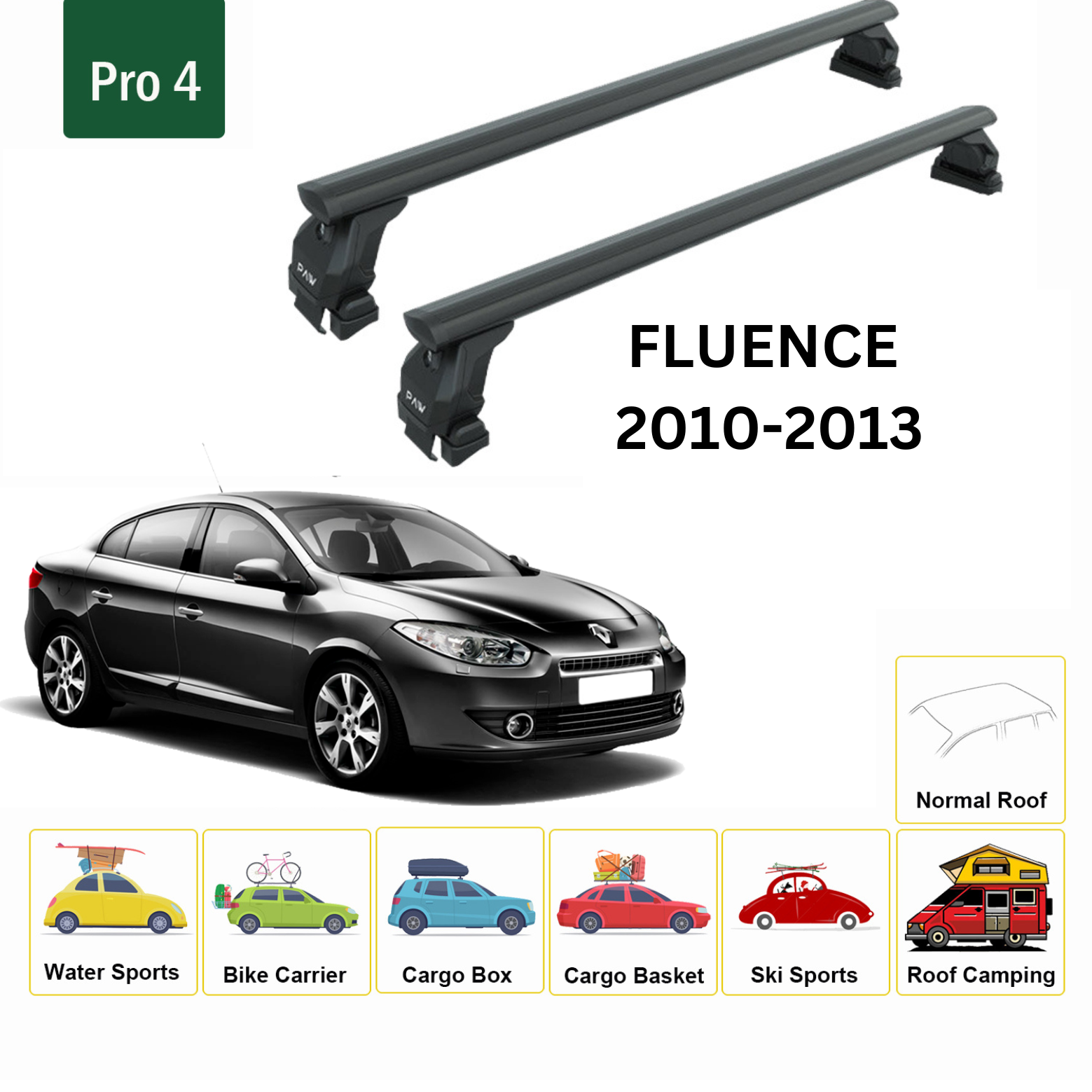 Renault Fluence 2010-2013 Oluksuz Üst Tavan Portbagaj Taşıyıcı Ara Atkısı Toros Serisi Pro 4 Siyah