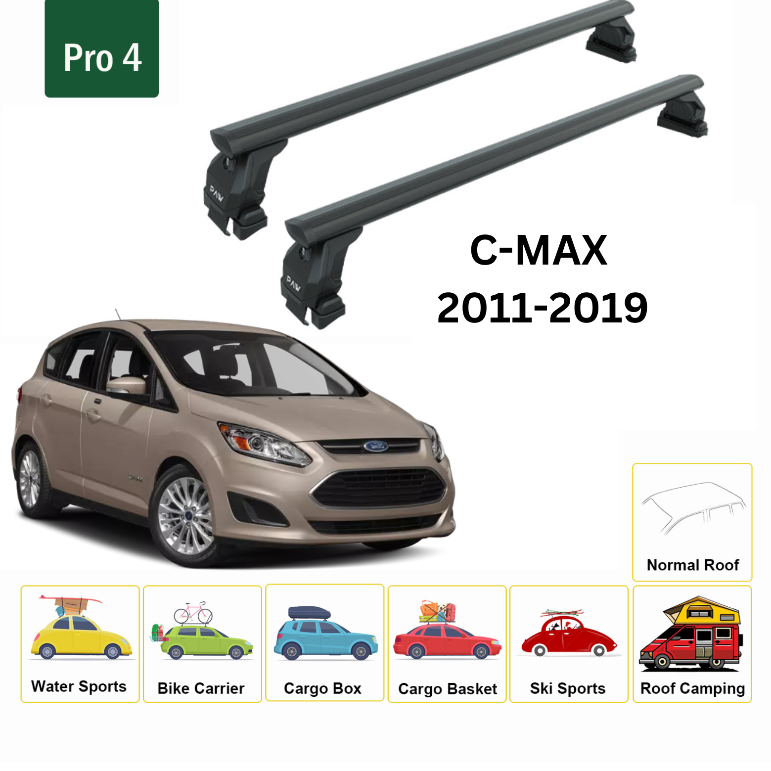 Ford C-Max (C344) 2011-2019 Oluksuz Üst Tavan Portbagaj Taşıyıcı Ara Atkısı Toros Serisi Pro 4 Siyah