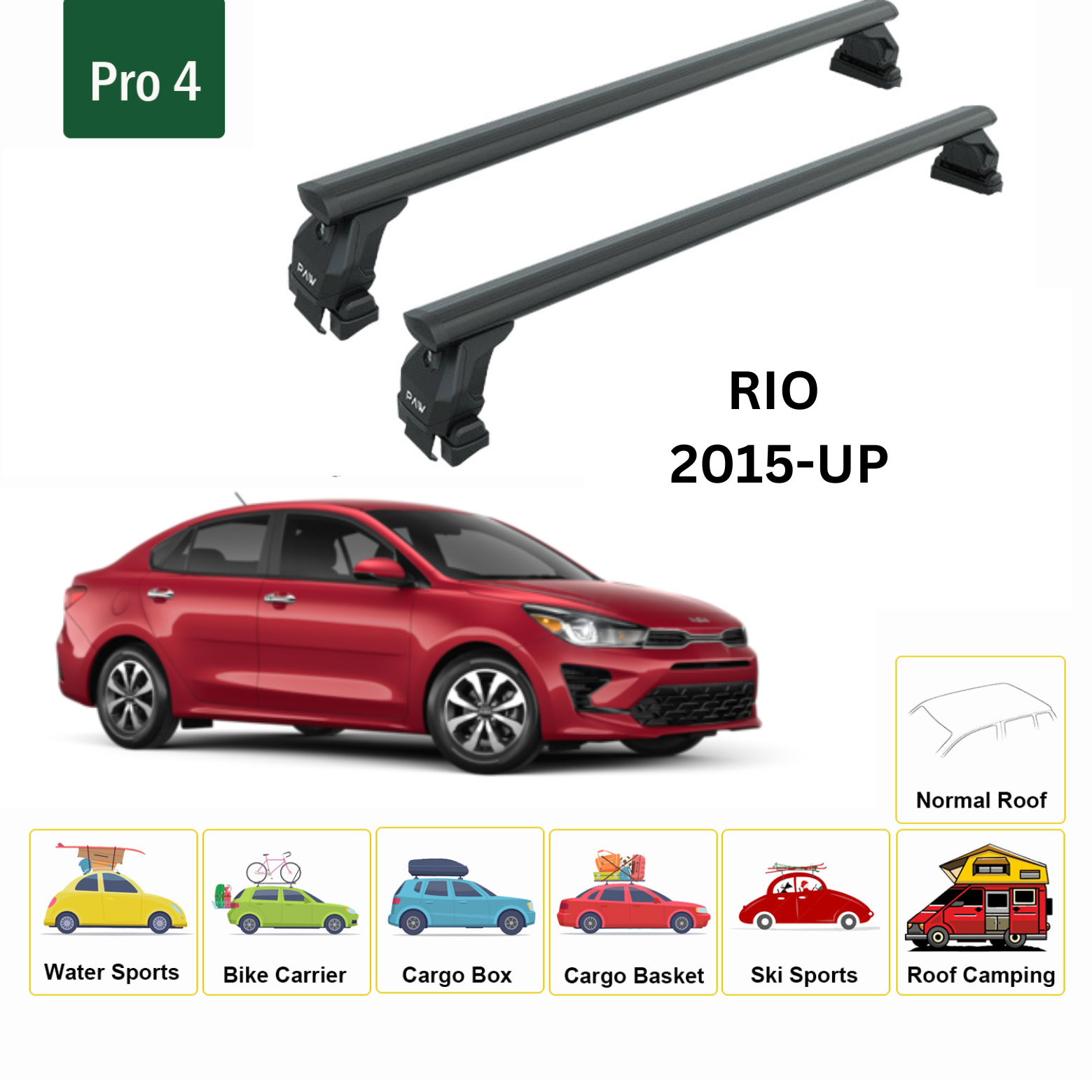 Kia Rio Sedan 2017-2025 Oluksuz Üst Tavan Portbagaj Taşıyıcı Ara Atkısı Toros Serisi Pro 4 Siyah