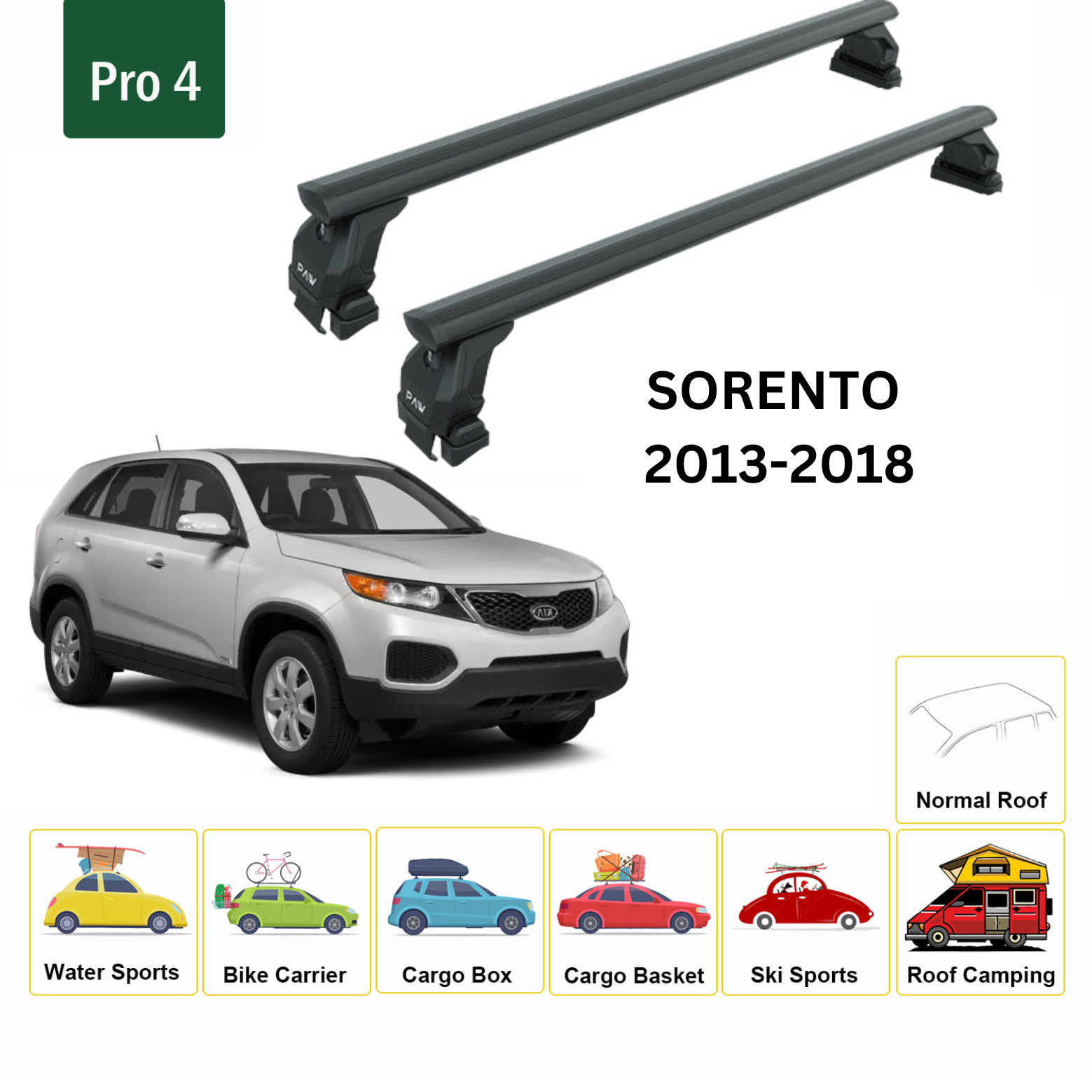 Kia Sorento 2013-2018 Oluksuz Üst Tavan Portbagaj Taşıyıcı Ara Atkısı Toros Serisi Pro 4 Siyah