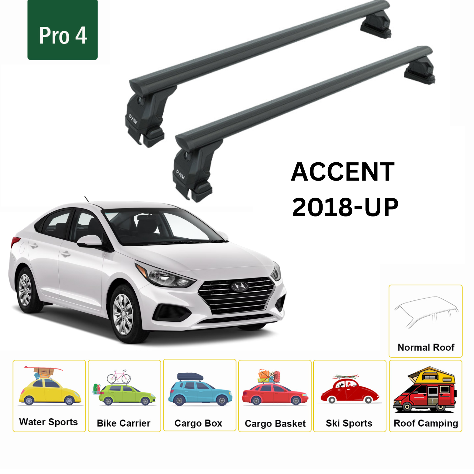 Hyundai Accent 2018-2025 Oluksuz Üst Tavan Portbagaj Taşıyıcı Ara Atkısı Toros Serisi Pro 4 Siyah