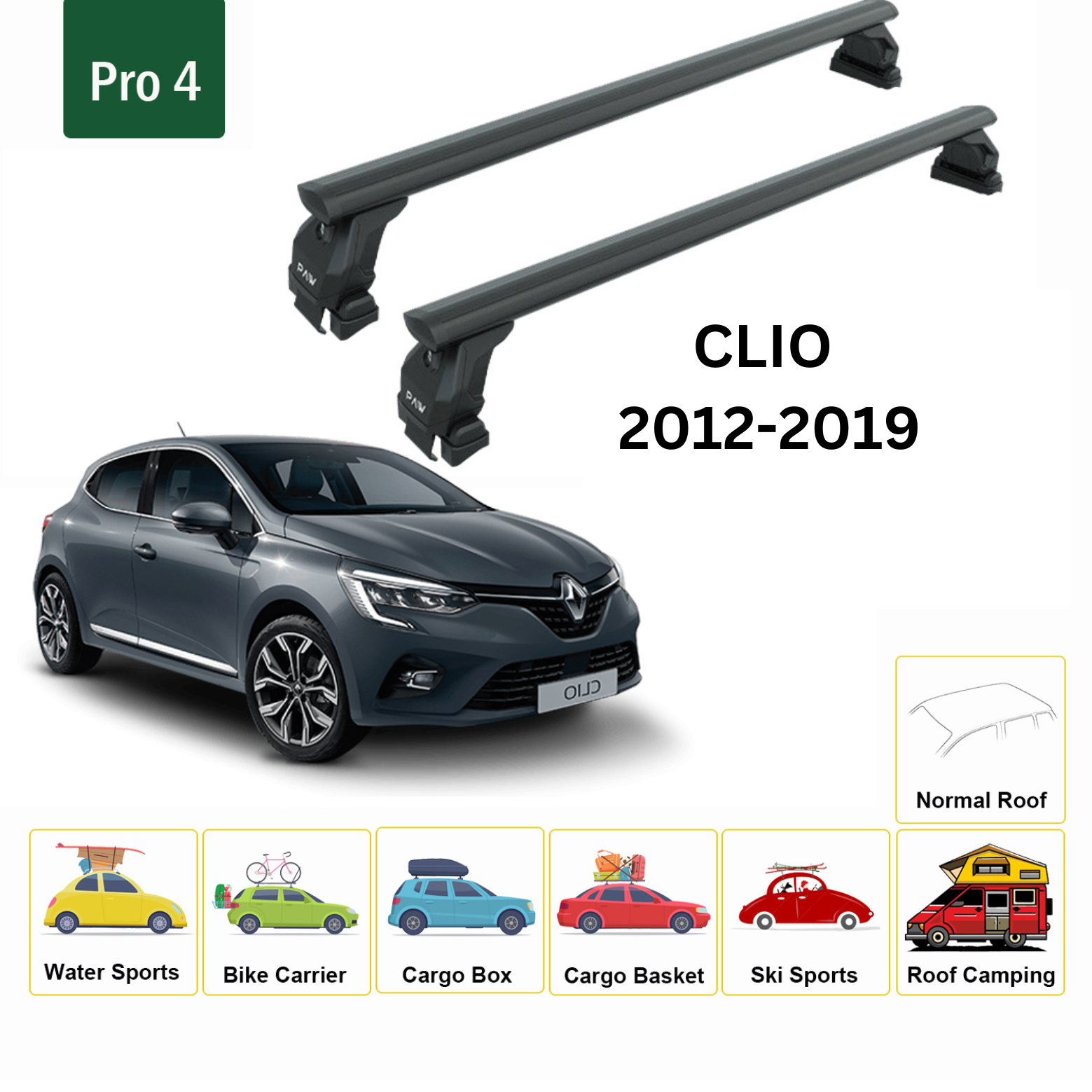 Renault Clio 2012-2019 Oluksuz Üst Tavan Portbagaj Taşıyıcı Ara Atkısı Toros Serisi Pro 4 Siyah