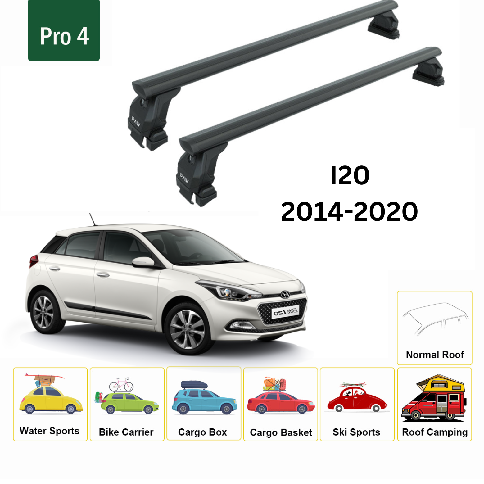 Hyundai I20 2014-2020 Oluksuz Üst Tavan Portbagaj Taşıyıcı Ara Atkısı Toros Serisi Pro 4 Siyah