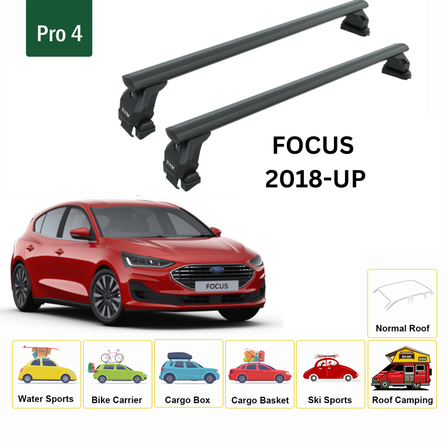 Ford Focus Hb (C519) 2018-2025 Oluksuz Üst Tavan Portbagaj Taşıyıcı Ara Atkısı Toros Serisi Pro 4 Siyah
