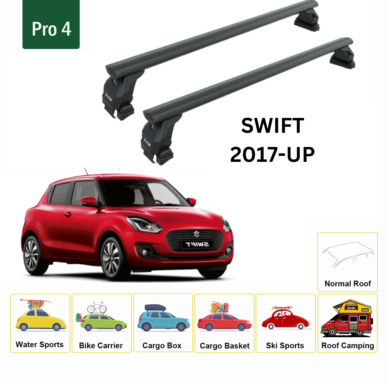 Suzuki Swift 2017-2025 Oluksuz Üst Tavan Portbagaj Taşıyıcı Ara Atkısı Toros Serisi Pro 4 Siyah