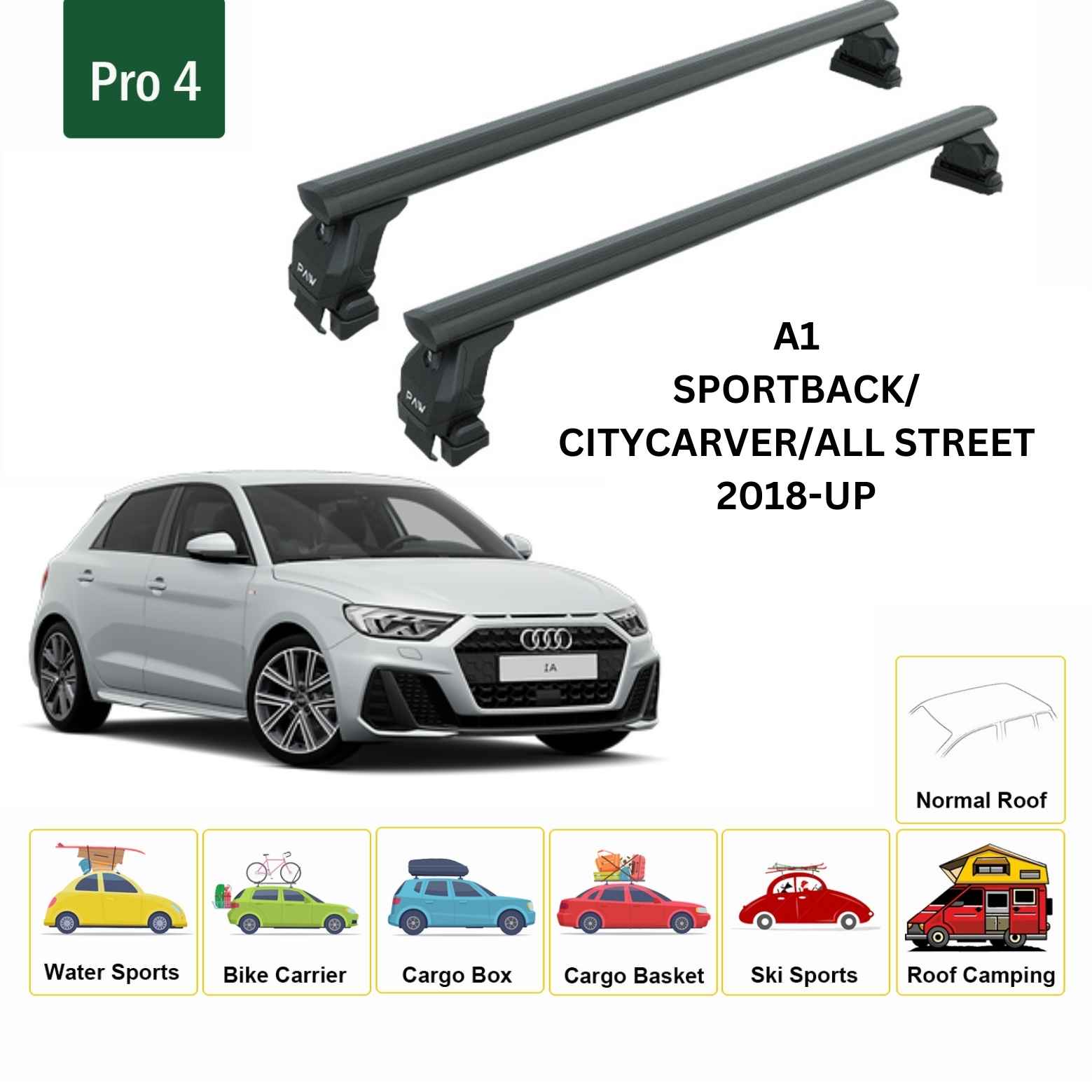 Audi A1 2018-2025 Oluksuz Üst Tavan Portbagaj Taşıyıcı Ara Atkısı Toros Serisi Pro 4 Siyah