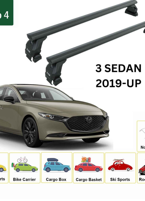 Mazda 3 Sedan 2019-2025 Oluksuz Üst Tavan Portbagaj Taşıyıcı Ara Atkısı Toros Serisi Pro 4 Siyah