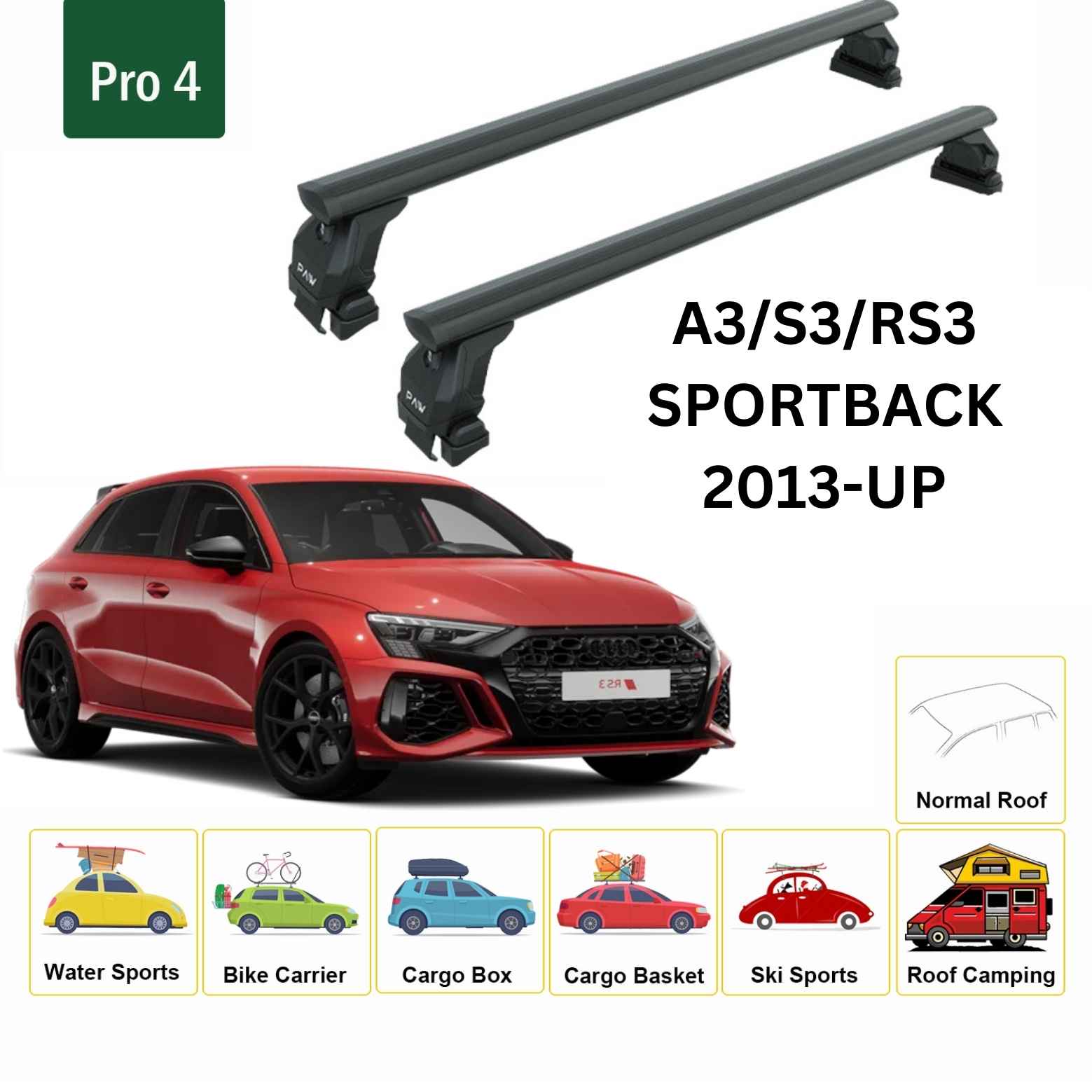 Audi A3/S3/Rs3 Sportback 2013-2020 Oluksuz Üst Tavan Portbagaj Taşıyıcı Ara Atkısı Toros Serisi Pro 4 Siyah