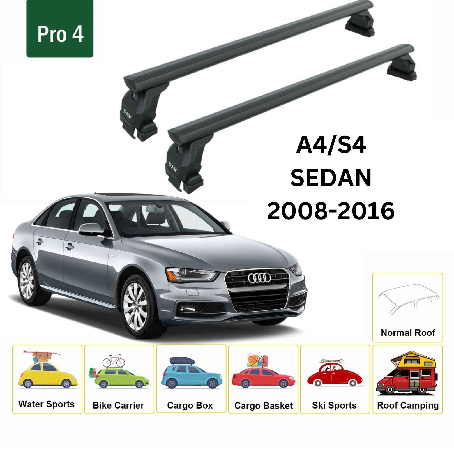 Audi A4/S4 2008-2016 Oluksuz Üst Tavan Portbagaj Taşıyıcı Ara Atkısı Toros Serisi Pro 4 Siyah