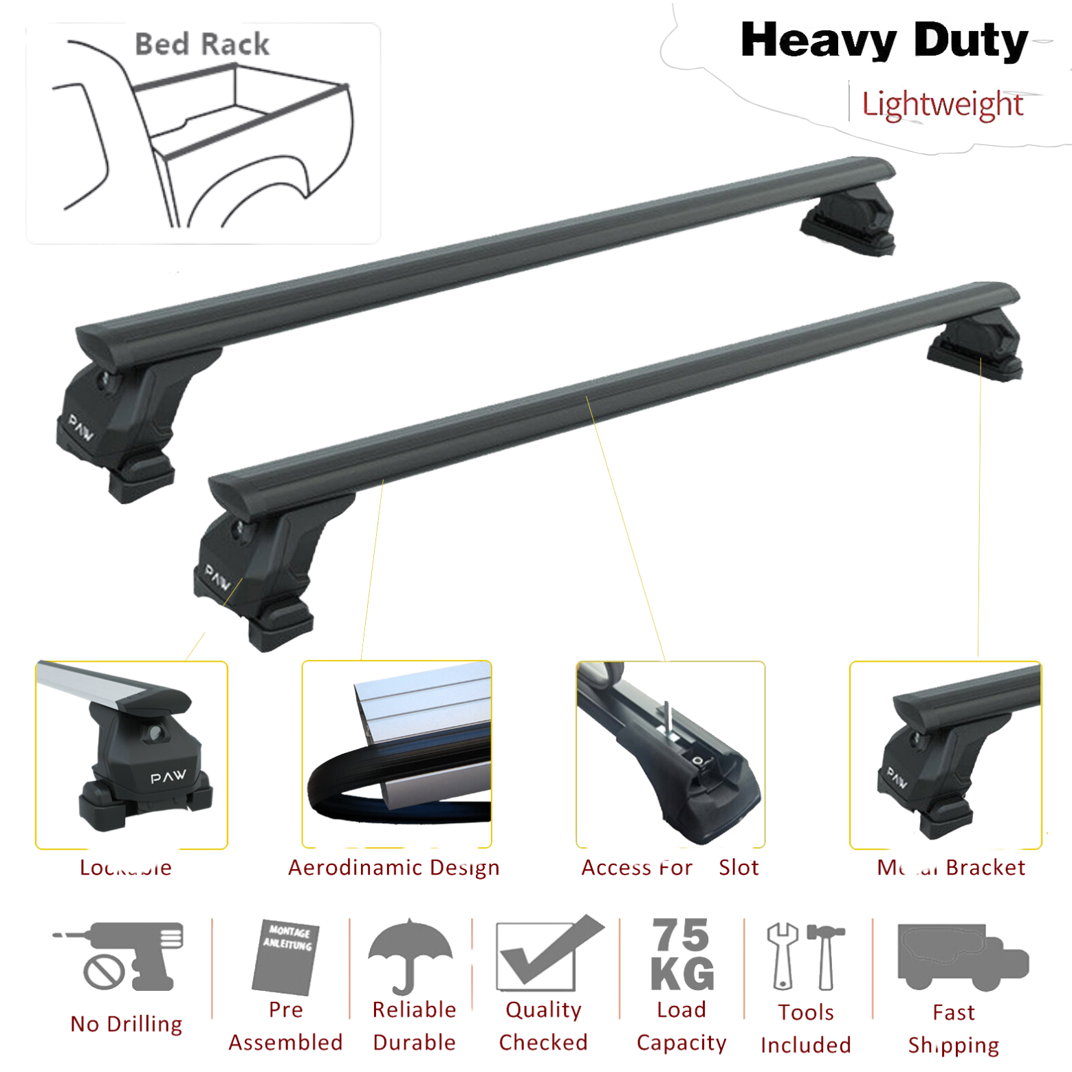 Ford Ranger Wildtrak (2023-2025) Kasa Üstü Bed Rack Taşıyıcı Bar – Gri | Kilitli Sistem | Vida Montajlı