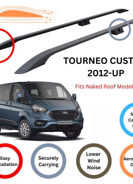 Ford Tourneo Custom 2012-2023 Araç Üstü Alüminyum Tavan Yan Rayları Plus Serisi - Siyah