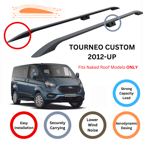 Ford Tourneo Custom 2012-2023 Araç Üstü Alüminyum Tavan Yan Rayları Plus Serisi - Siyah