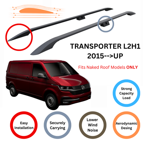 Volkswagen Transporter T6 2015-2024 Kısa Şase Araç Üstü Alüminyum Tavan Yan Rayları Plus Serisi - Siyah