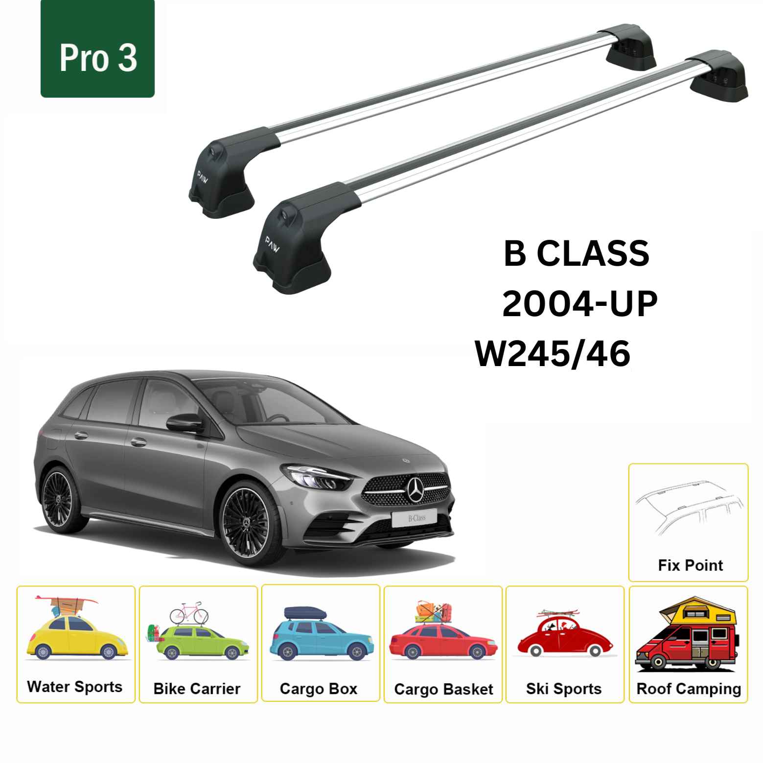 Mercedes Benz B W245/46 2004-2018 Portbagaj Taşıyıcı Ara Atkı Aparatı Paw Pro 3 Gri