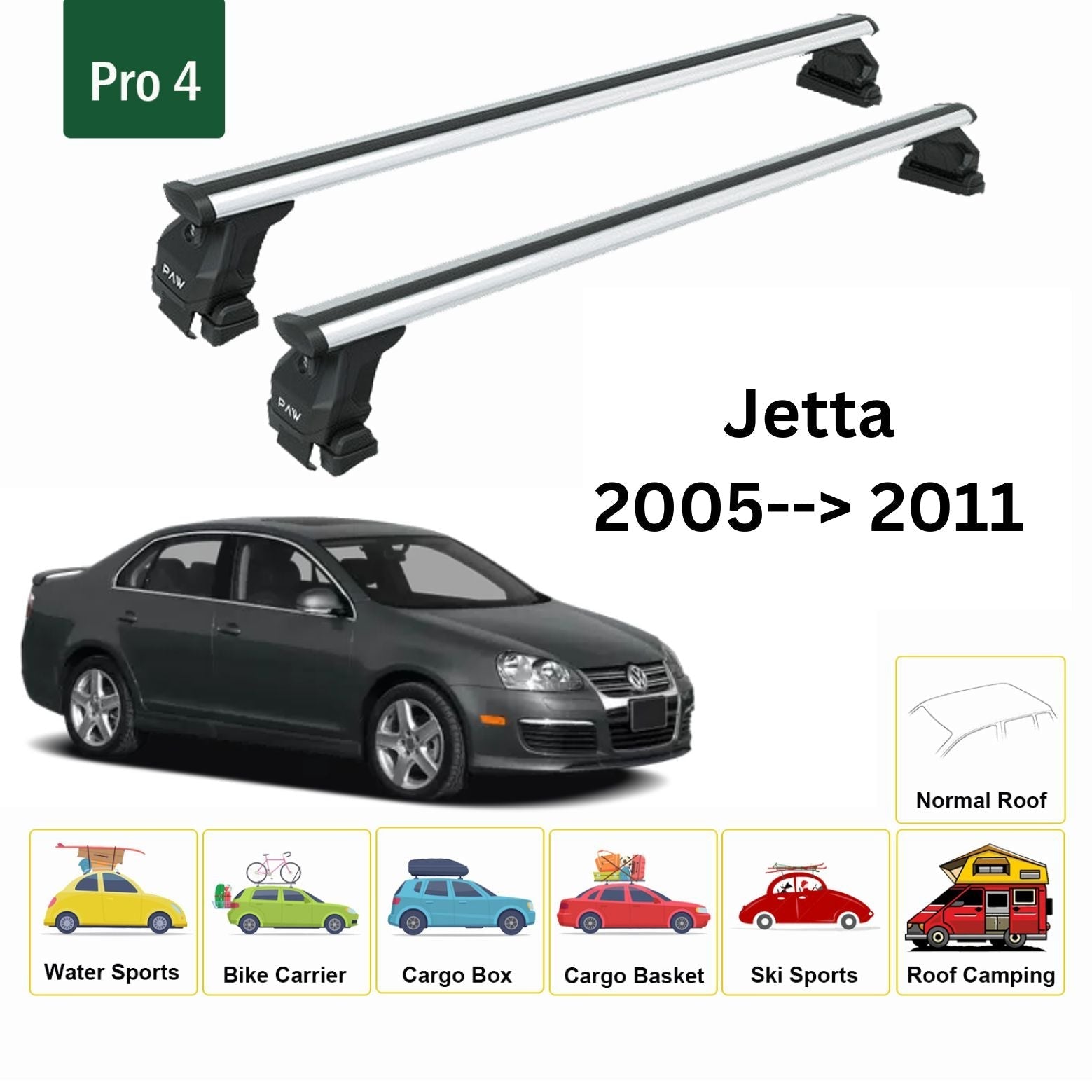 Volkswagen Jetta 2005-2011 Oluksuz Üst Tavan Portbagaj Taşıyıcı Ara Atkısı Toros Serisi Pro 4 Gri