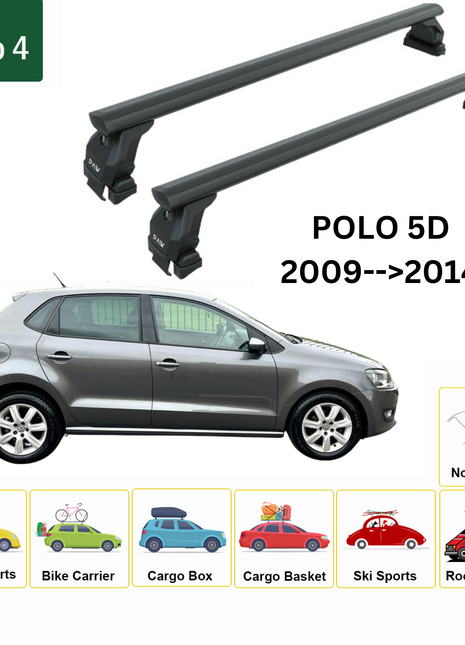 Volkswagen Polo 5D 2009-2014 Oluksuz Üst Tavan Portbagaj Taşıyıcı Ara Atkısı Toros Serisi Pro 4 Siyah