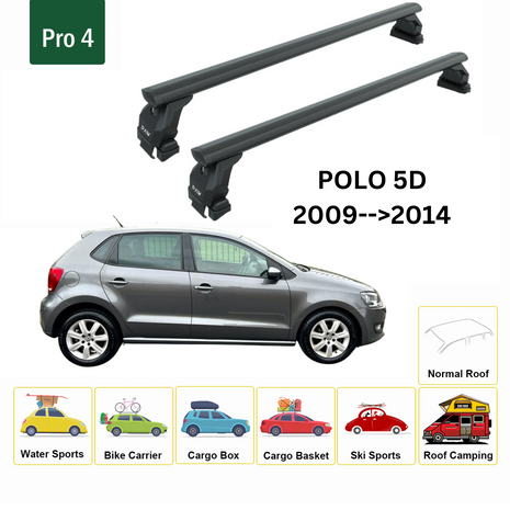 Volkswagen Polo 5D 2009-2014 Oluksuz Üst Tavan Portbagaj Taşıyıcı Ara Atkısı Toros Serisi Pro 4 Siyah