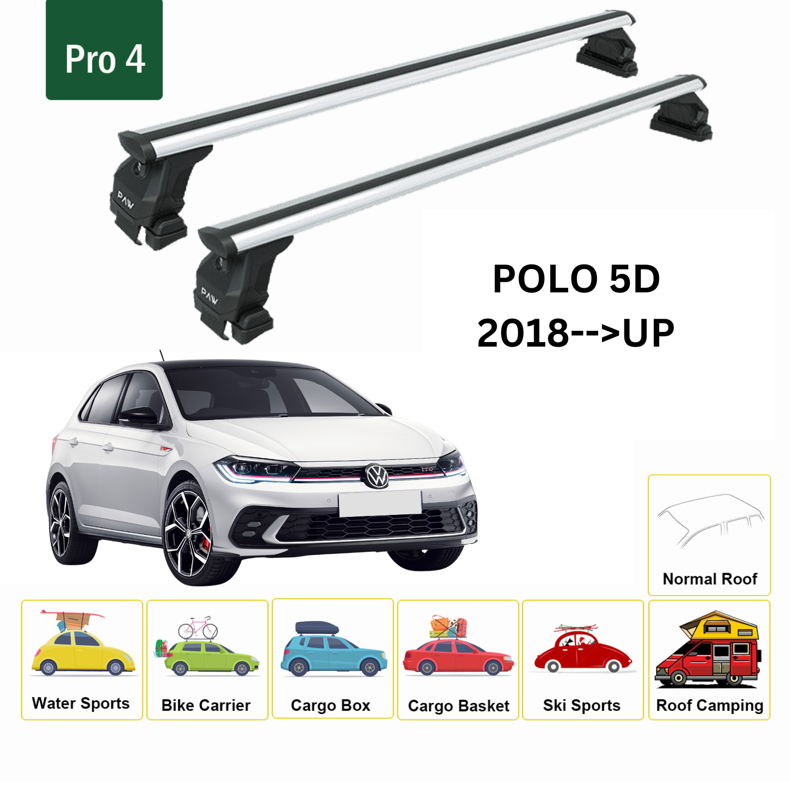 Volkswagen Polo 5D 2018-2025 Oluksuz Üst Tavan Portbagaj Taşıyıcı Ara Atkısı Toros Serisi Pro 4 Gri