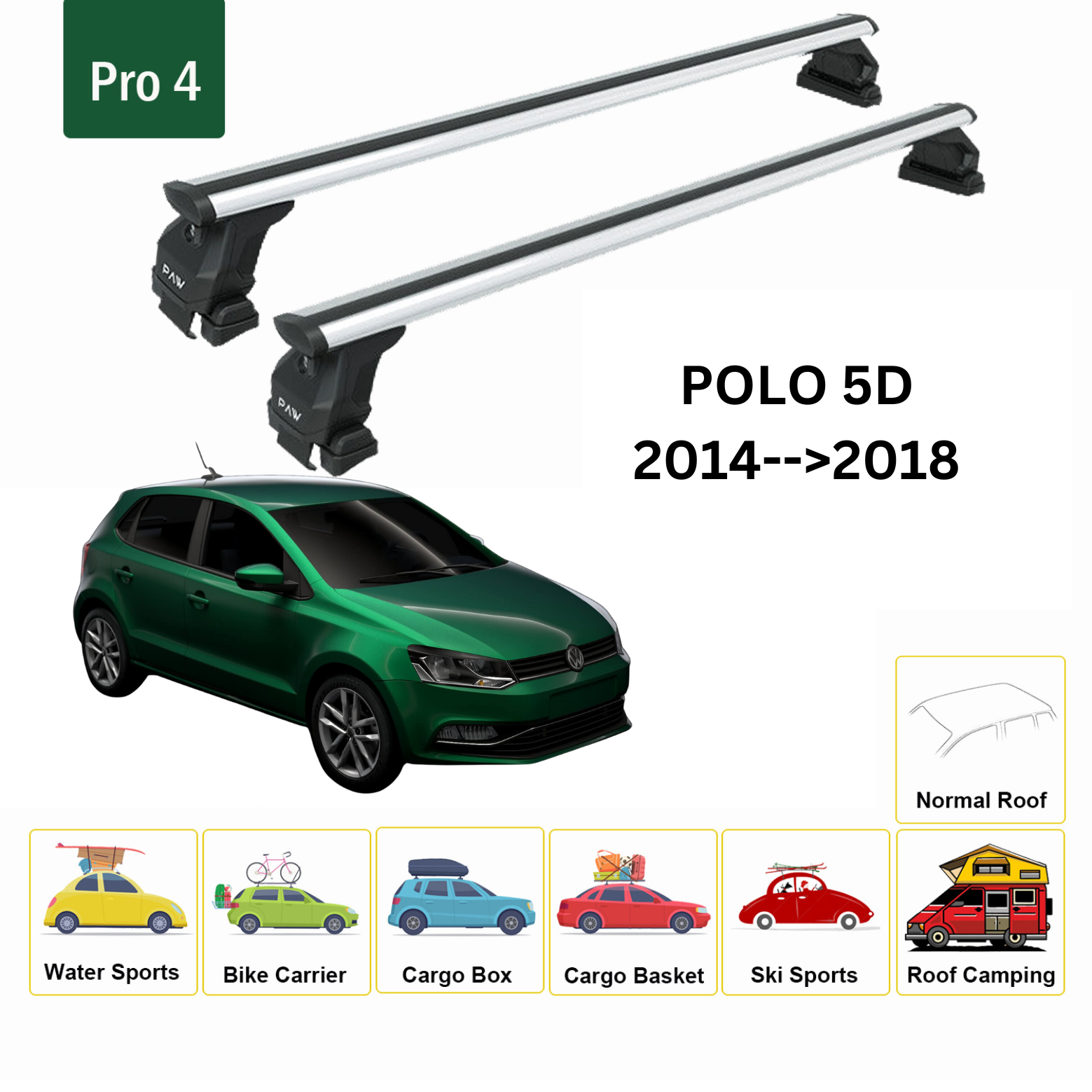 Volkswagen Polo 5D 2014-2018 Oluksuz Üst Tavan Portbagaj Taşıyıcı Ara Atkısı Toros Serisi Pro 4 Gri