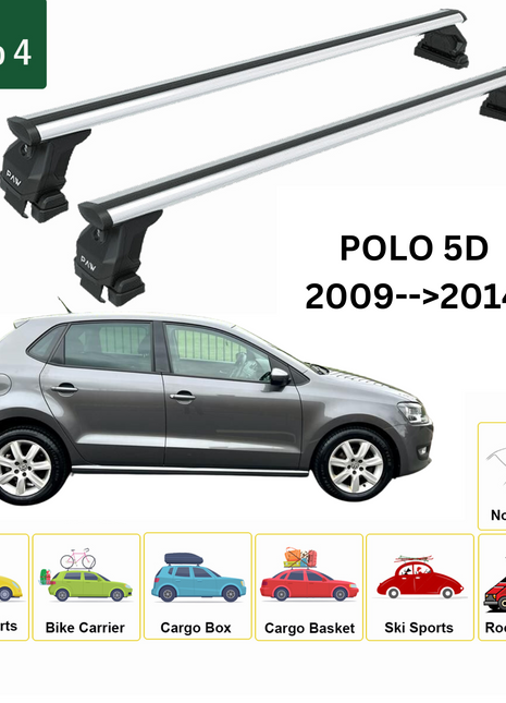 Volkswagen Polo 5D 2009-2014 Oluksuz Üst Tavan Portbagaj Taşıyıcı Ara Atkısı Toros Serisi Pro 4 Gri