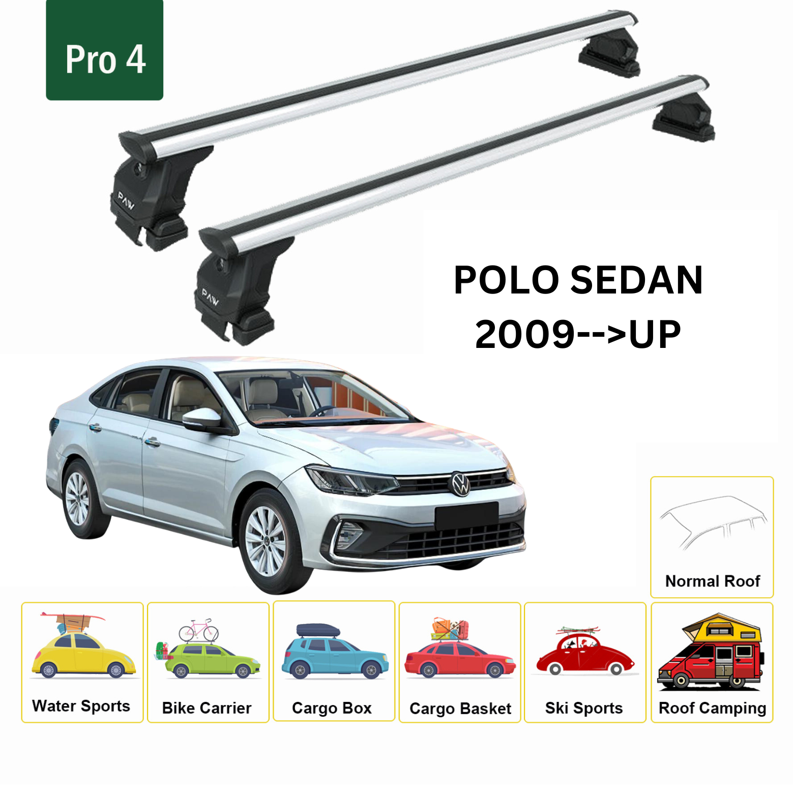 Volkswagen Polo Sedan 2009-2020 Oluksuz Üst Tavan Portbagaj Taşıyıcı Ara Atkısı Toros Serisi Pro 4 Gri