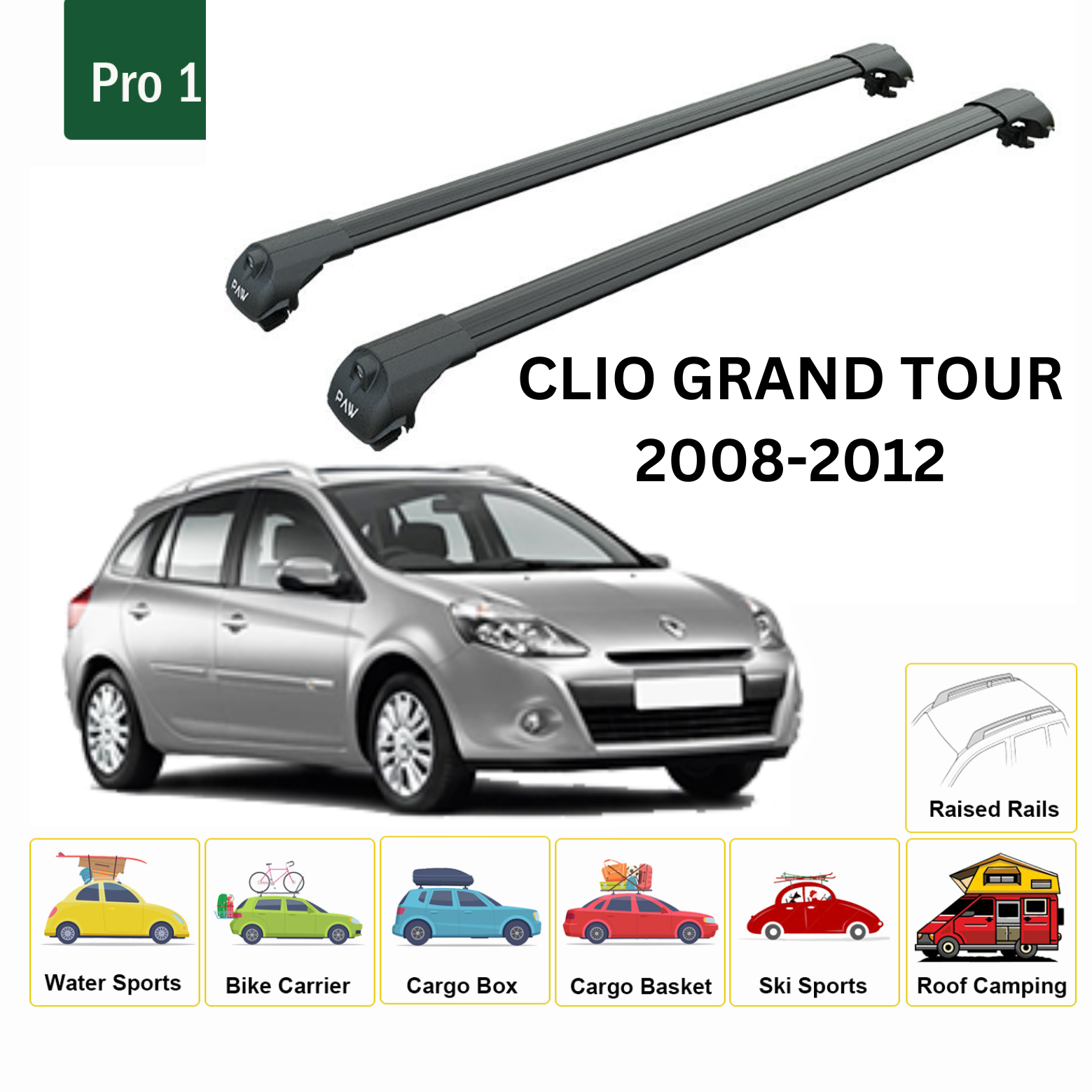 Renault Clio Grand Tour 2008-2012 Oluksuz Üst Tavan Portbagaj Taşıyıcı Ara Atkısı Toros Serisi Pro 4 Siyah