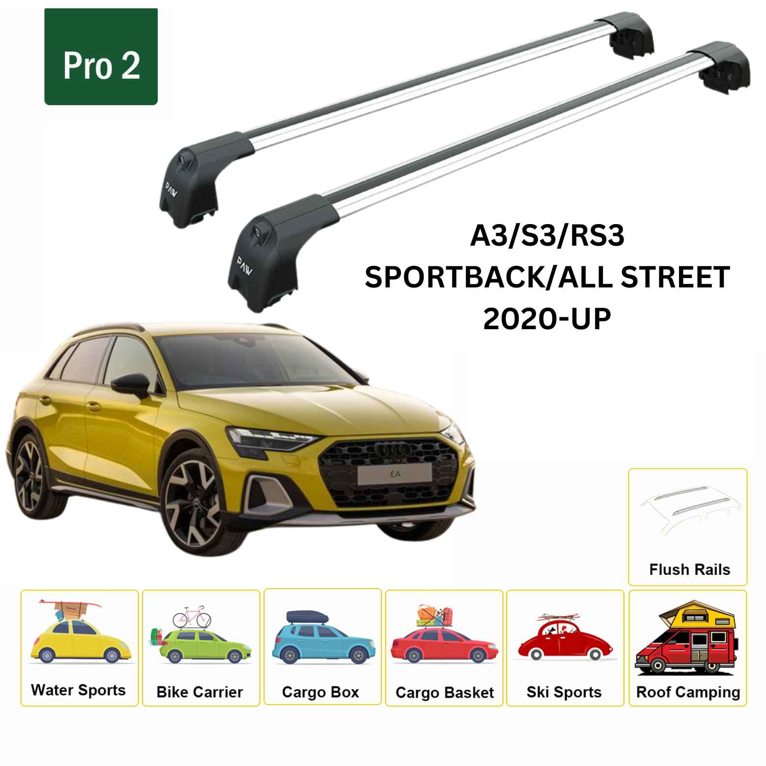 Audi A3 Sportback Portbagaj Taşıyıcı Ara Atkisi - Ara Çubuk Paw Pro 2 2020- Up Gri