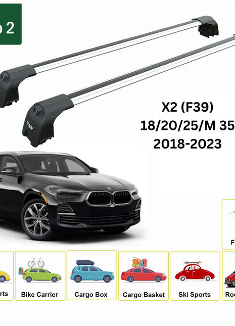 Bmw X2 (F39) 2018-2023 Roof Back Cross Bars Flush Rail Gri