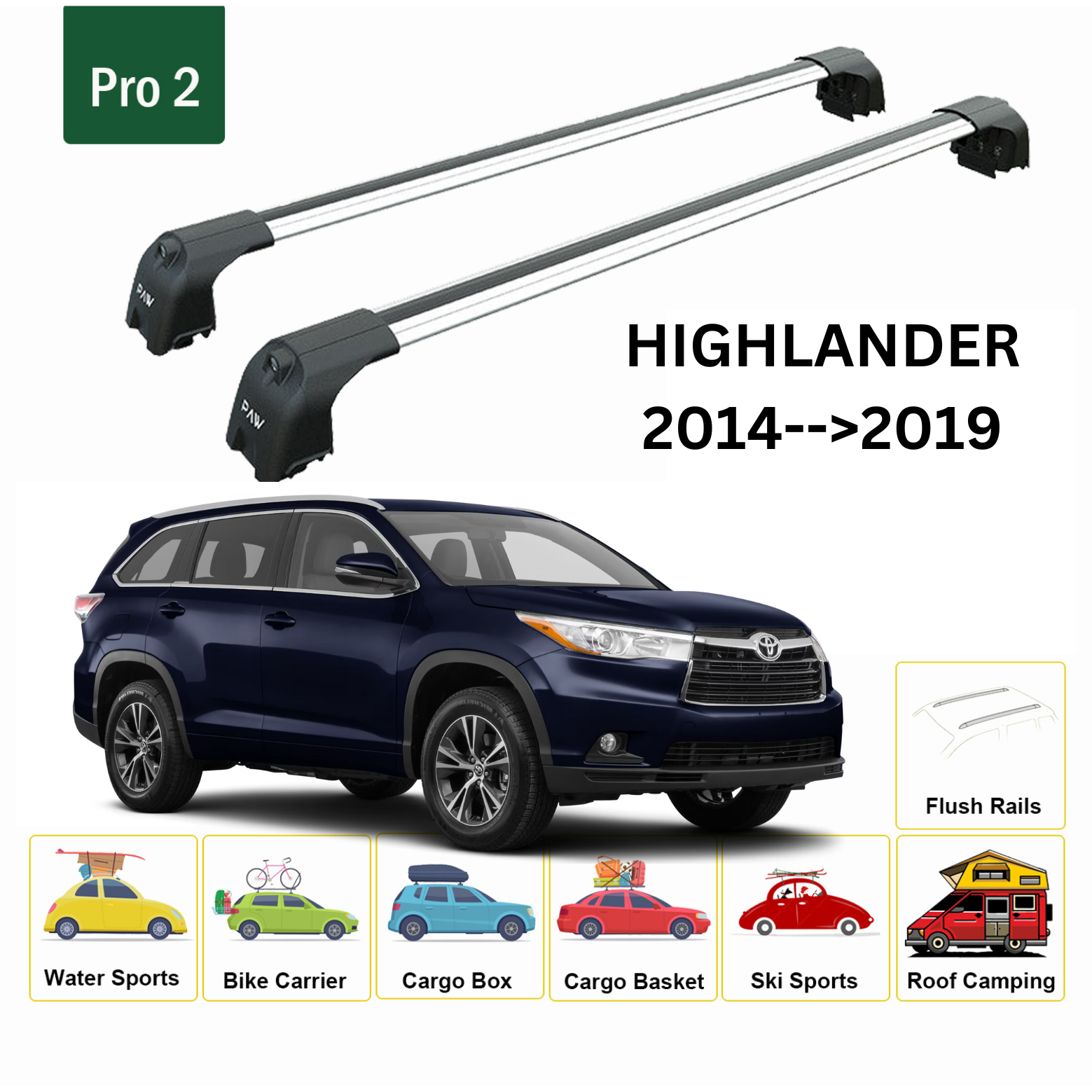 Toyota Highlander 2014-2019 Portbagaj Taşıyıcı Ara Atkisi - Ara Çubuk Paw Pro 2 Gri