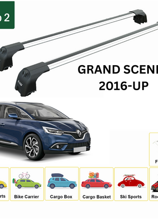Renault Grand Scenic 2016-2022 Roof Rack System, Minium Cross Bar, Flush Rail, Gri