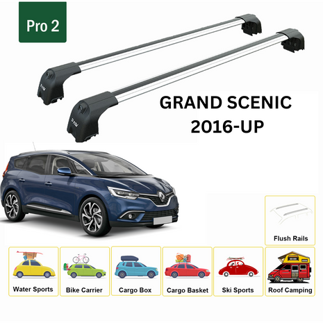 Renault Grand Scenic 2016-2022 Roof Rack System, Minium Cross Bar, Flush Rail, Gri