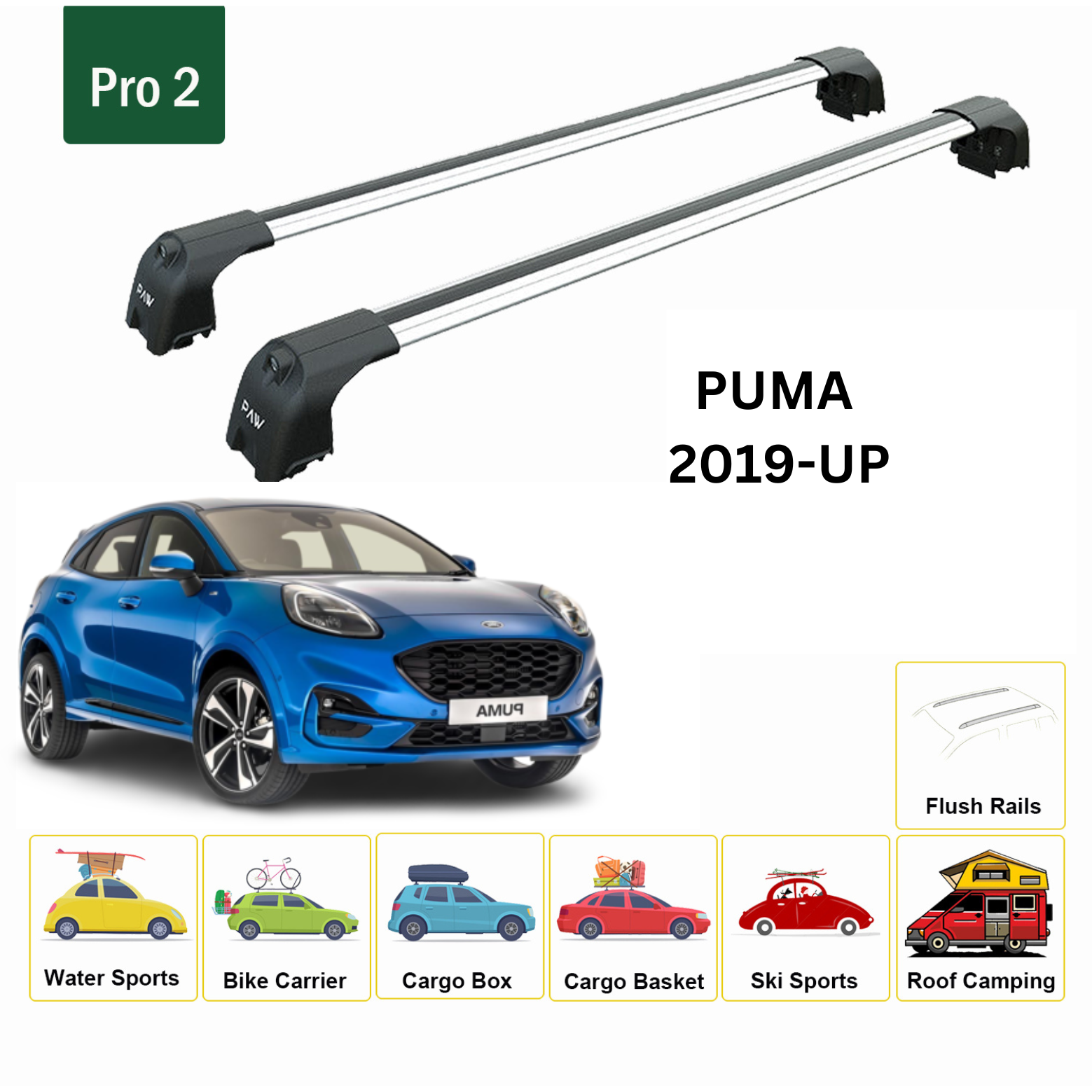 For Ford Puma 2019-2025 Roof Rack Cross Bars Flush Rail Alu Silver