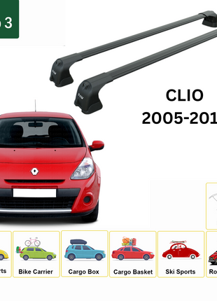 Renault Clio 2005-2012 Roof Rack System, Aluminium Cross Bar, Metal Bracket, Fix Point, Siyah
