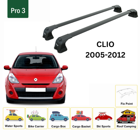 Renault Clio 2005-2012 Roof Rack System, Aluminium Cross Bar, Metal Bracket, Fix Point, Siyah