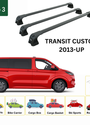 Ford Transit Custom Lwb 2013-2023 Roof Rack Cross Bars 3-Fix Point Alu Siyah