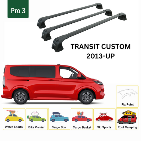 Ford Transit Custom Lwb 2013-2023 Roof Rack Cross Bars 3-Fix Point Alu Siyah