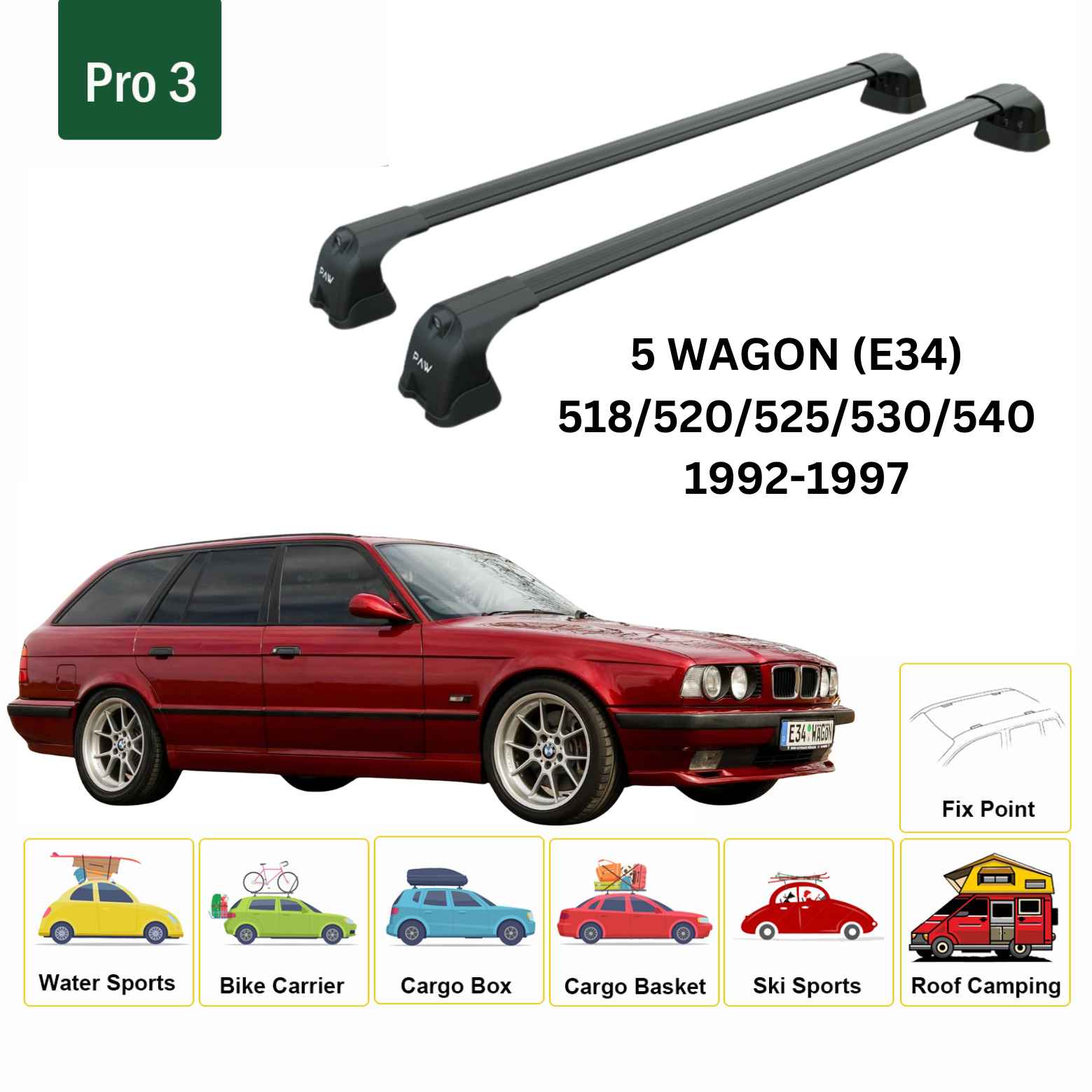 Bmw 5 Wagon (E34) 1992-1997 Portbagaj Taşıyıcı Ara Atkı Aparatı Paw Pro 3 Gri