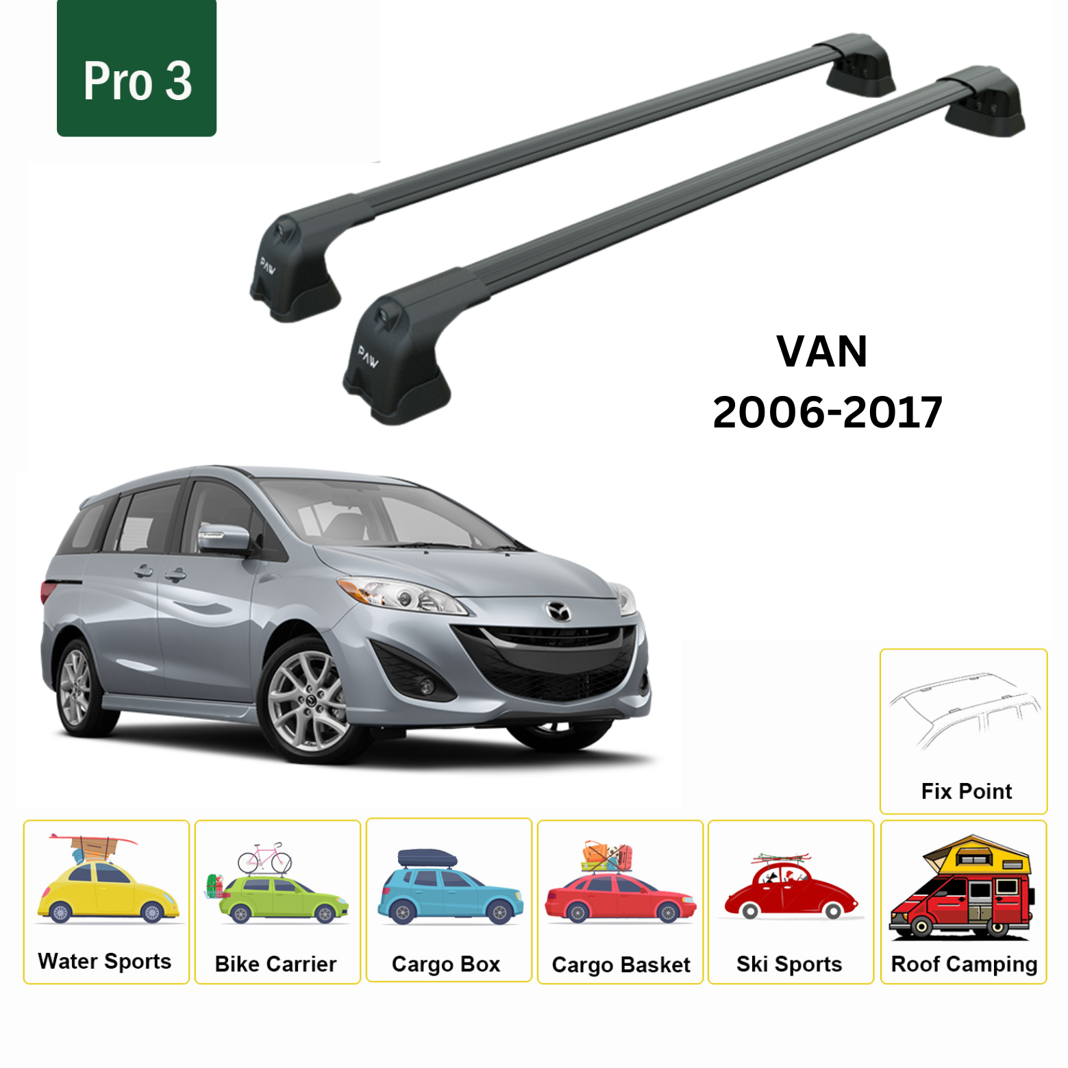 Paw Mazda 5 Van (MPV) 2006-2017 Ara Atkı Portbagaj Taşıyıcı - Pro 3 Siyah