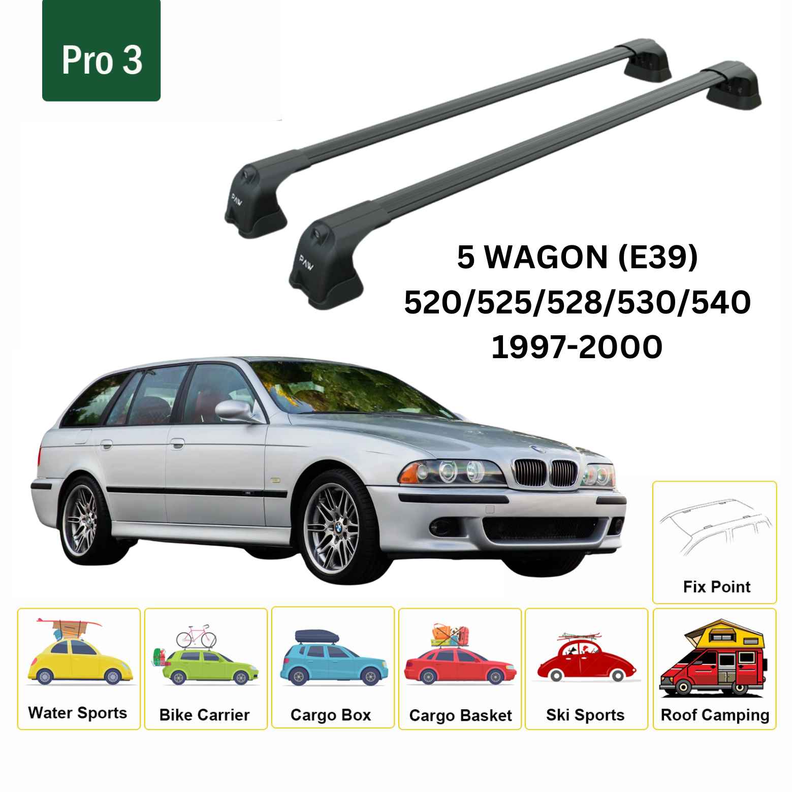 Bmw 5 Wagon (E39) 1997-2000 Portbagaj Taşıyıcı Ara Atkı Aparatı Paw Pro 3 Siyah